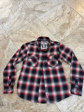 DIXXON Red, Black & White Plaid Men's Button-Down Flannel Shirt